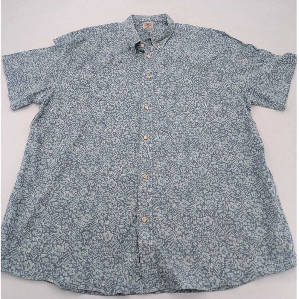 Faherty‎ Shirt Mens 2XL Blue Floral Batik Breeze Short Sleeve Hemp Blend Beach